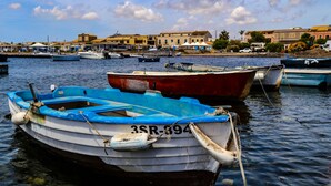 A marina with several boats docked, a clear sky, and buildings in the background.