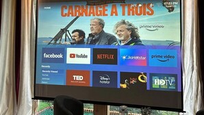 A television screen displaying a movie title and various streaming service logos.
