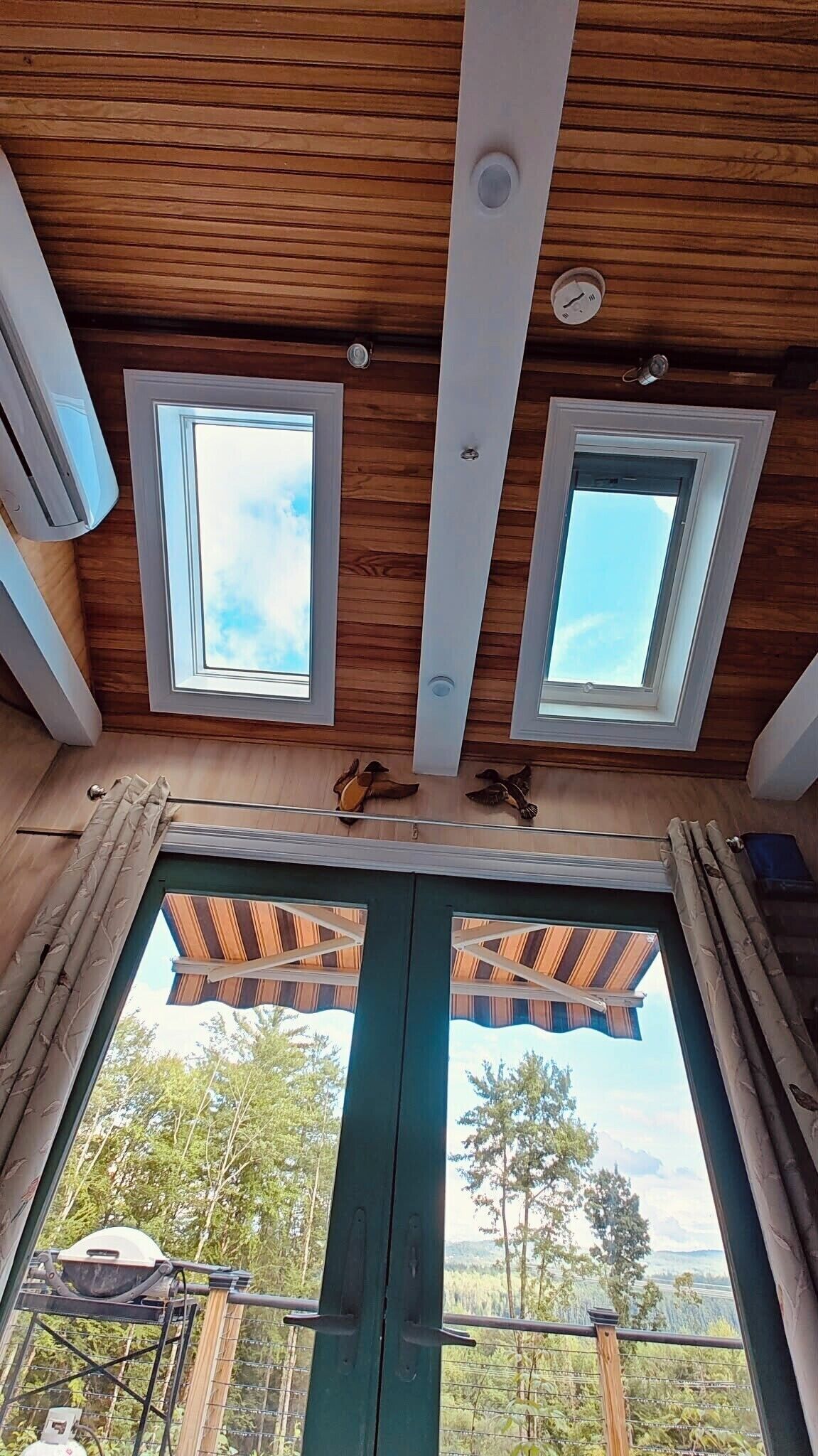 Ein Zimmer mit Holzbalkendecke, zwei Oberlichtern und Blick auf Bäume und Berge durch eine Glastür.