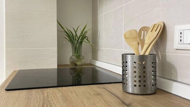 Um canto de cozinha com um fogão por indução preto, um porta-utensílios de aço inoxidável e um vaso com planta.