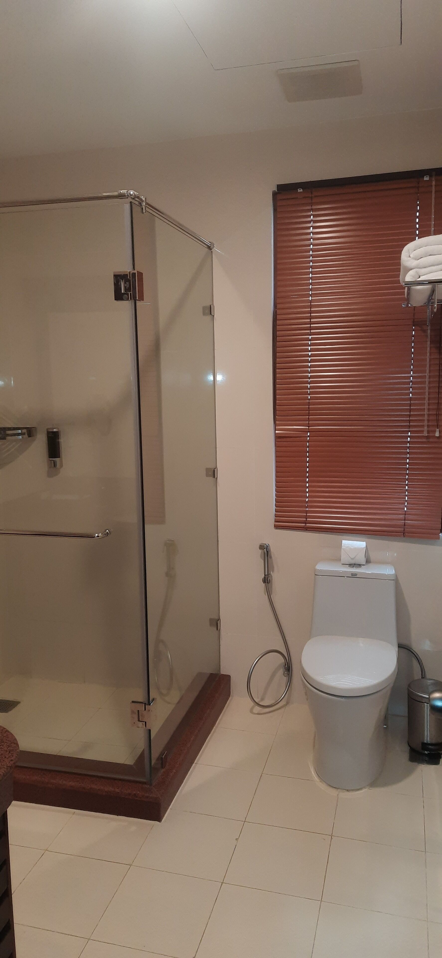 Un baño con ducha envuelta en vidrio, un inodoro y una ventana con persianas.