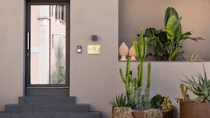 Une entrée moderne, avec une porte en verre, une petite plaque et une variété de cactus et de plantes succulentes.