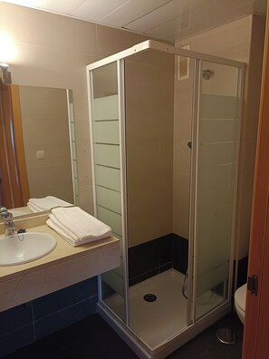 Douche, bidet, serviettes fournies, papier de toilette