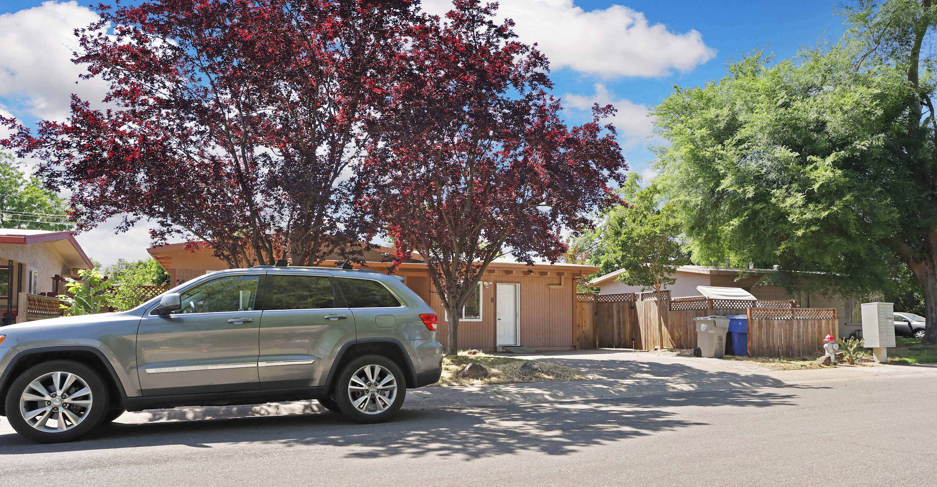 A silver SUV parked in a residential driveway with a house and a wooden fence in the background.