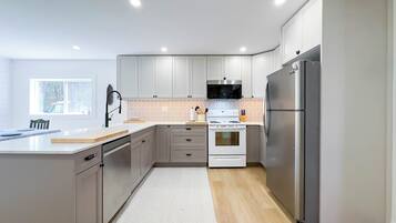 Frigorífico, microondas, horno y placa de cocina