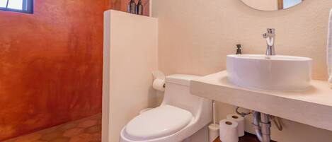 A bathroom with a white toilet, a round sink, and a mirror above it.