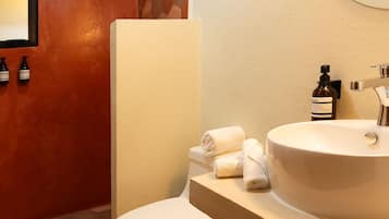 A bathroom with a white toilet, a sink, and a shower. There are towels and toiletries on the counter.