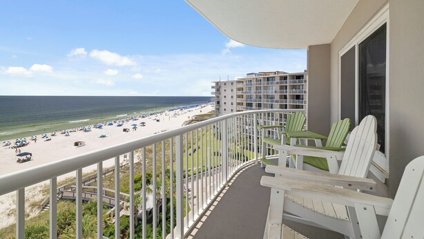 A balcony with a view of the beach and ocean. - Tradewinds 605 by Liquid Life (Orange Beach)