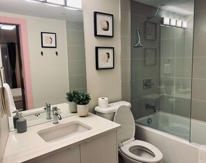 Chuveiro, secador de cabelo, toalhas de banho, papel higiênico