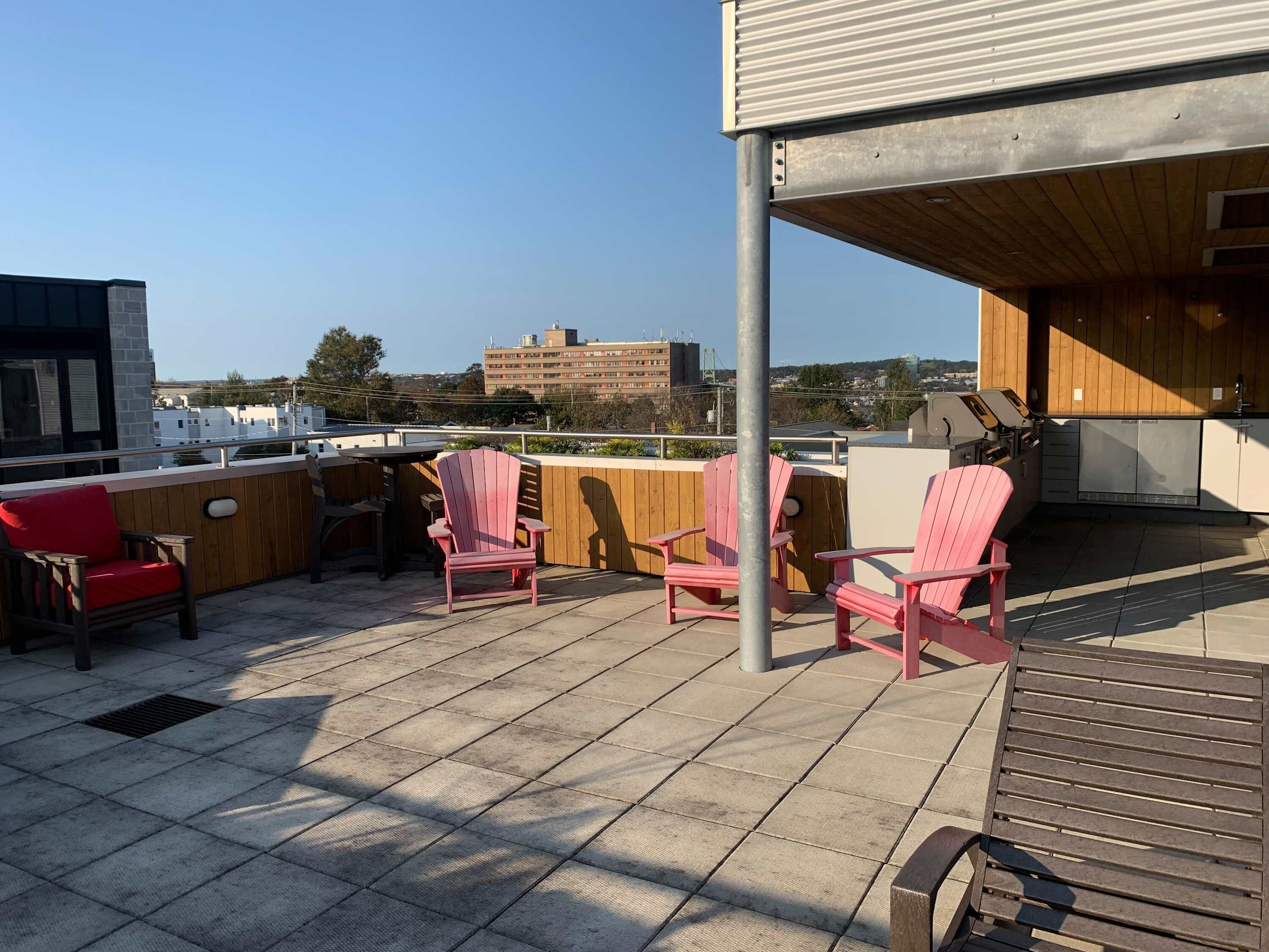 Een terras op het dak met buitenmeubilair, een barbecue en uitzicht op gebouwen in de verte.