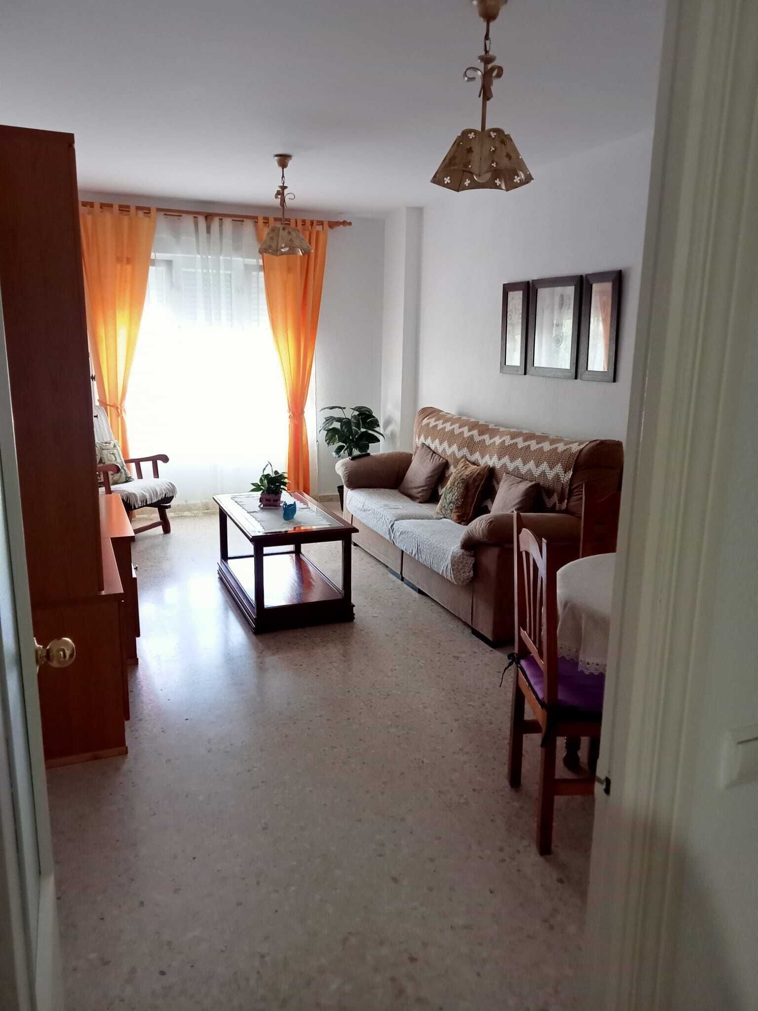 Un salon avec un canapé, une table basse, un fauteuil et une plante. On peut voir des rideaux et une porte.