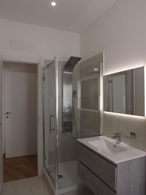 Shower, hair dryer, bidet, towels