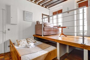 1 bedroom, desk, iron/ironing board, travel cot