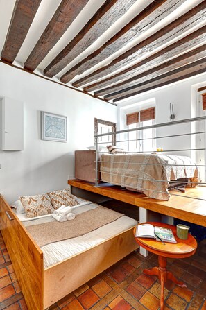 1 bedroom, desk, iron/ironing board, travel cot