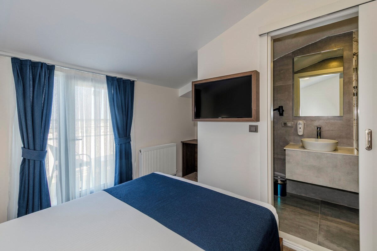 Habitación de hotel con cama, televisor montado en la pared, baño con lavabo y espejo, y ventana con cortinas.