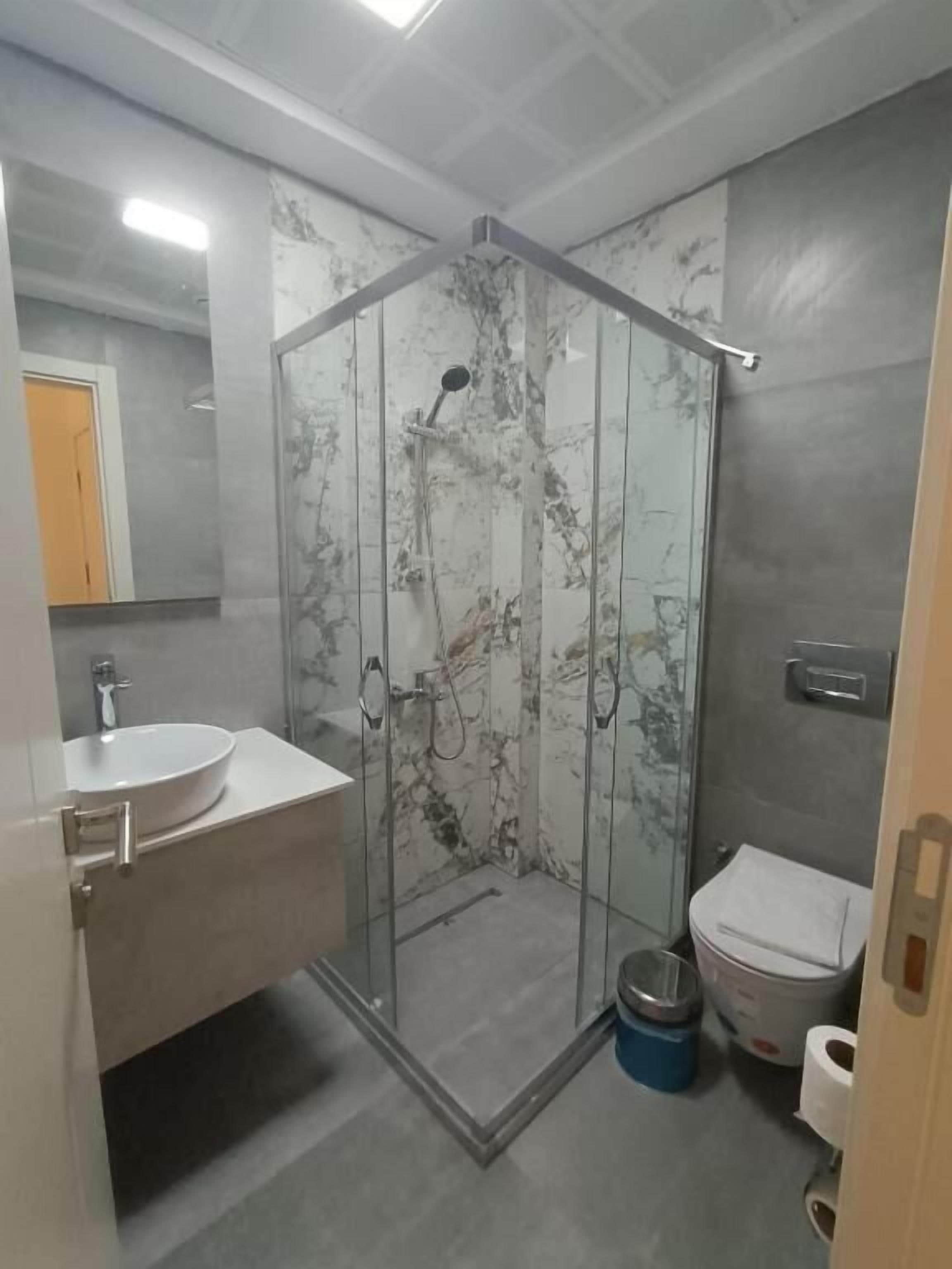 A modern bathroom with a glass-enclosed shower, a sink, and a toilet.