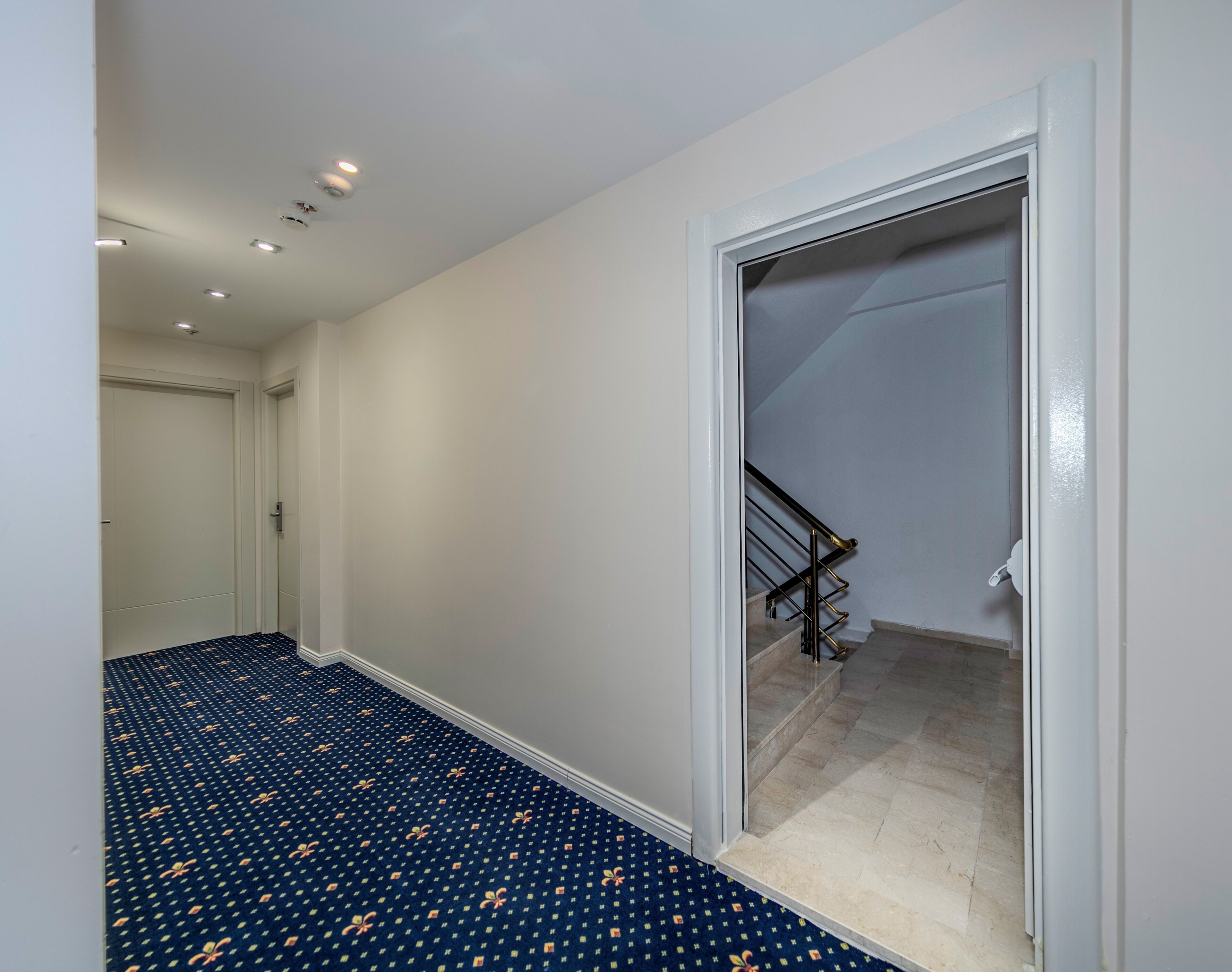 A hallway with a patterned carpet, white walls, and a staircase with a black railing.