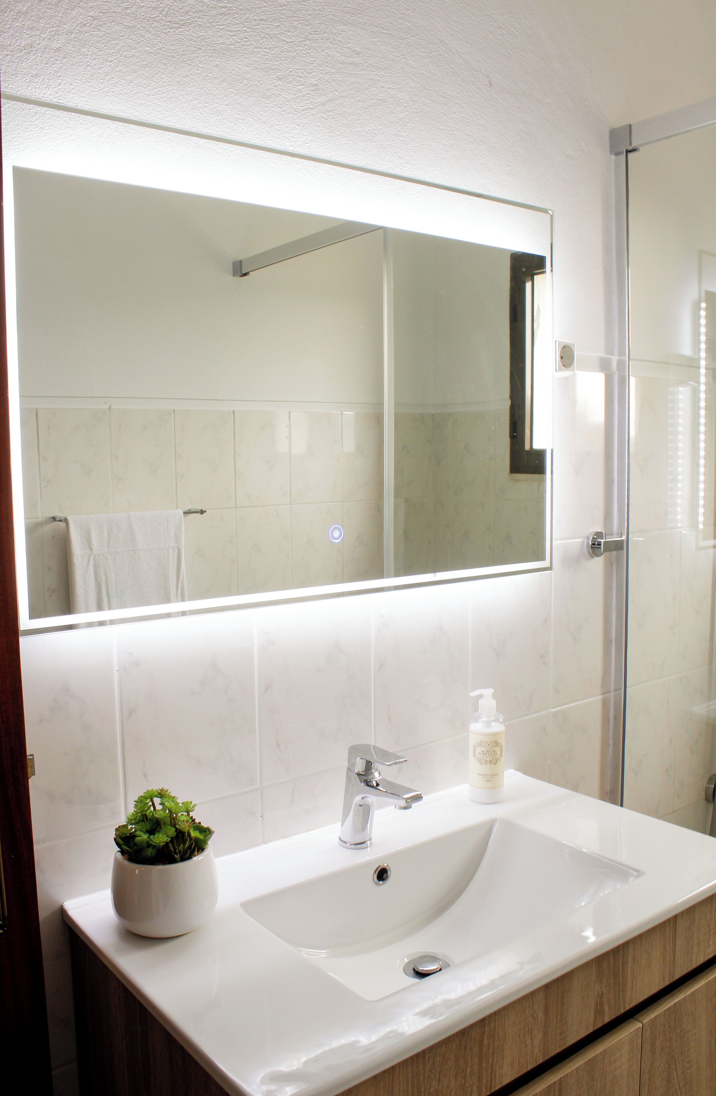 Un baño con un lavabo blanco, un espejo y una planta en maceta.