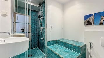 Shower, hair dryer, towels