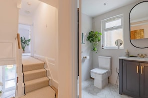 A staircase leading to a room with a white toilet, a window with a plant, and a cabinet with gold handles.