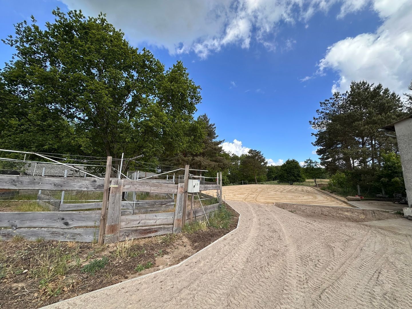 A dirt path leading to a fenced area with trees and a clear sky.