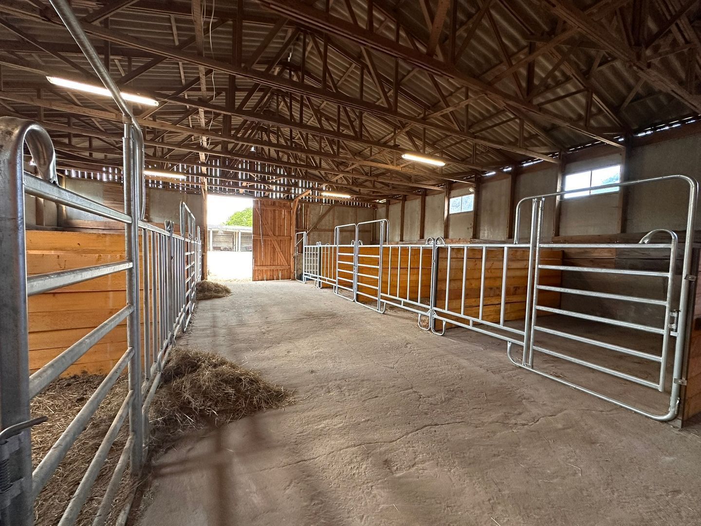 A barn interior with metal gates, wooden stalls, and a concrete floor.