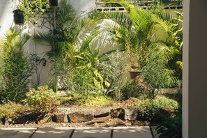A garden with various plants and a white wall in the background. - Frida, a 3-room apartment just a few minutes' walk from Blue Bay Lagoon. (Blue Bay)
