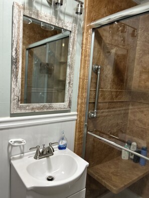 Shower, bidet, towels, soap