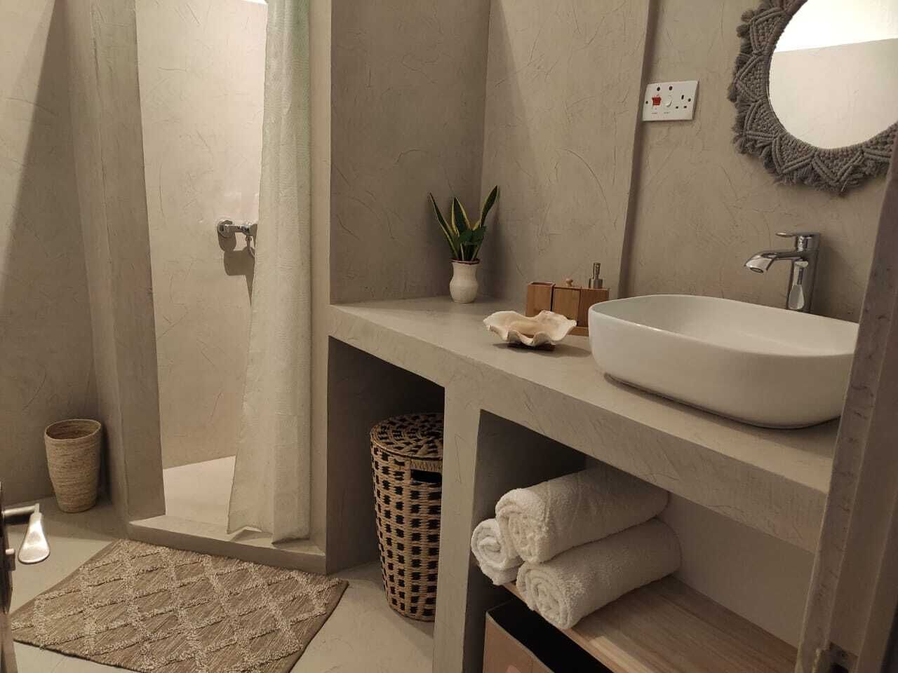 Hair dryer, towels, soap