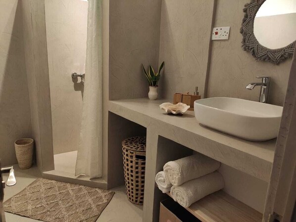 Hair dryer, towels, soap