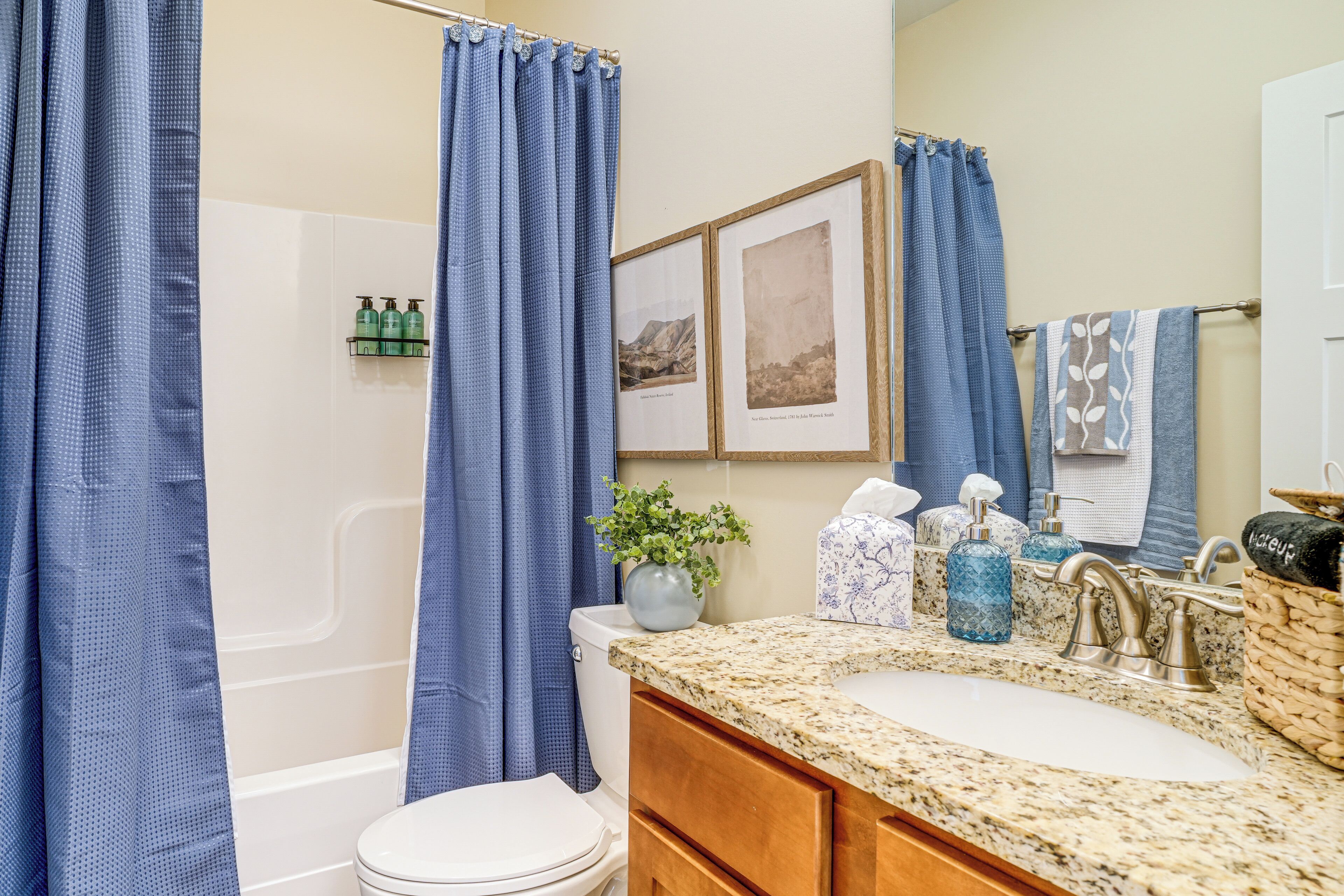 Une salle de bain avec des toilettes blanches, un lavabo doté d’un plan de travail en granit, des rideaux de douche bleus et une plante en pot.