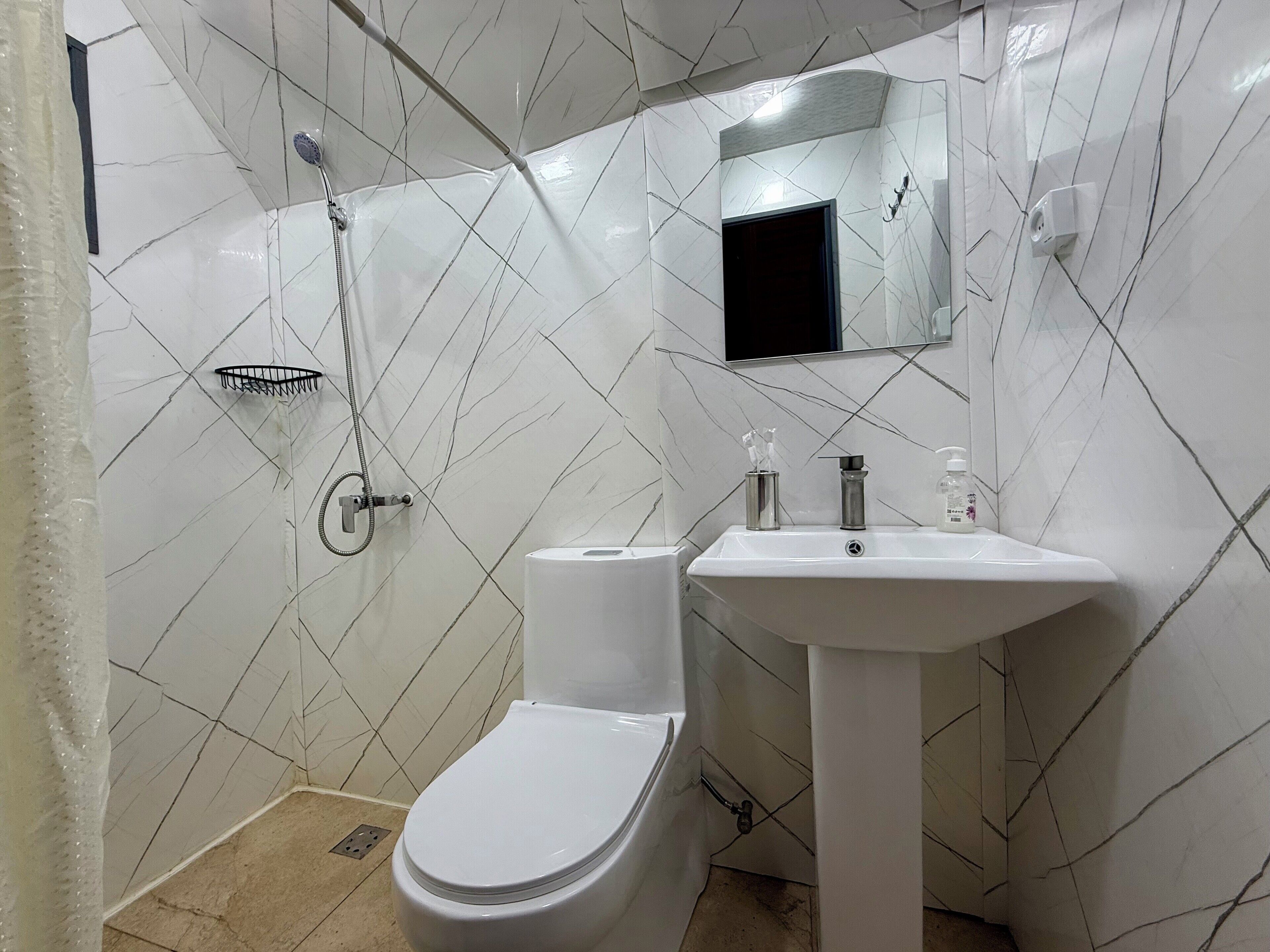 Une salle de bain avec des toilettes, un lavabo et une douche.