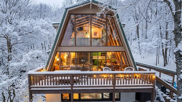 A modern, triangular cabin with a glass facade, wooden deck, and a cozy interior visible through the windows. - Press Pause | Hot Tub + Epic Mountain Views (Beech Mountain)
