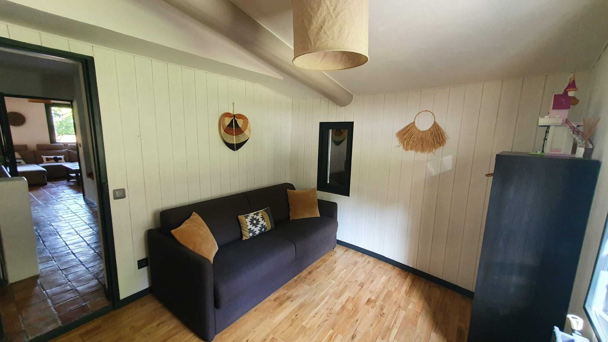 A room with a dark-colored sofa, a wooden floor, a white wall with a mirror, and a hanging light fixture.