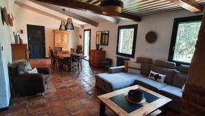 A cozy living room with a sofa, a dining table, and a kitchen area. - Family villa in the luberon regional park with swimming pool for 6 people (Puget)