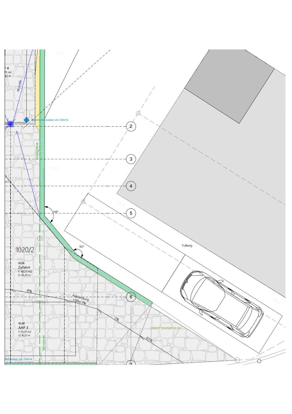 En detaljeret arkitektonisk tegning med afmærkede sektioner og en illustration af en bilmodel.