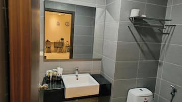 Hair dryer, bidet, towels, soap