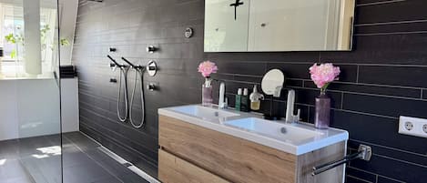 Shower, hair dryer, towels