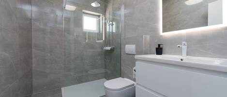 A modern bathroom with a glass-enclosed shower, a white toilet, and a vanity with a mirror.