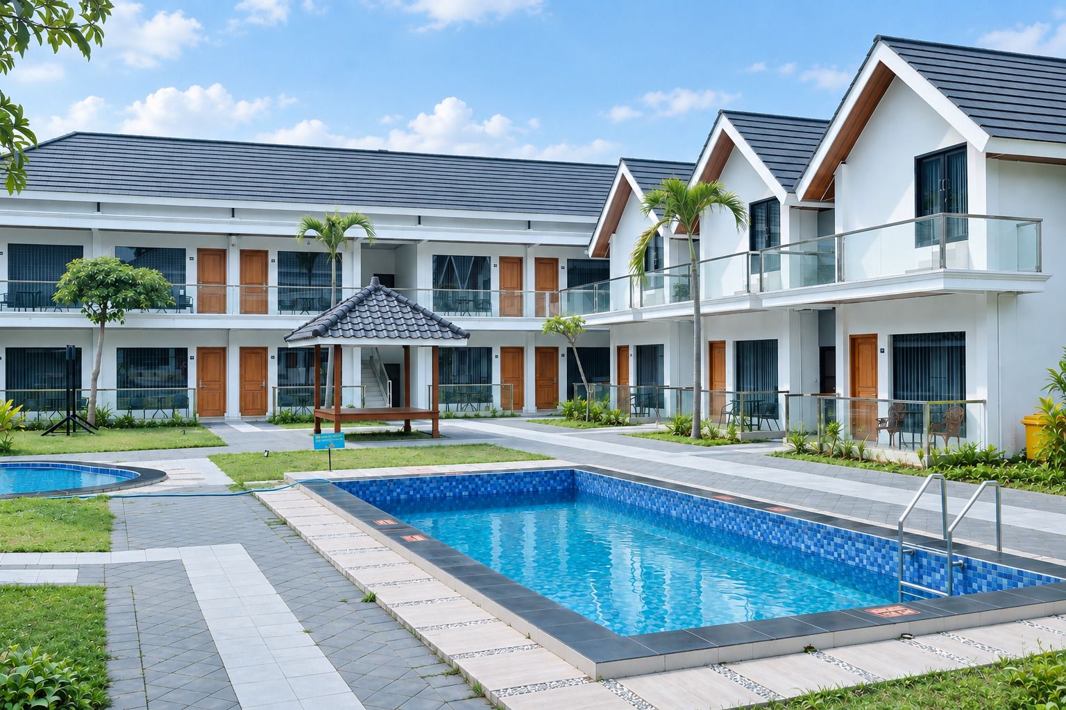 A modern hotel with a swimming pool, outdoor seating, and a covered gazebo.