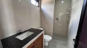 Shower, towels, soap, shampoo