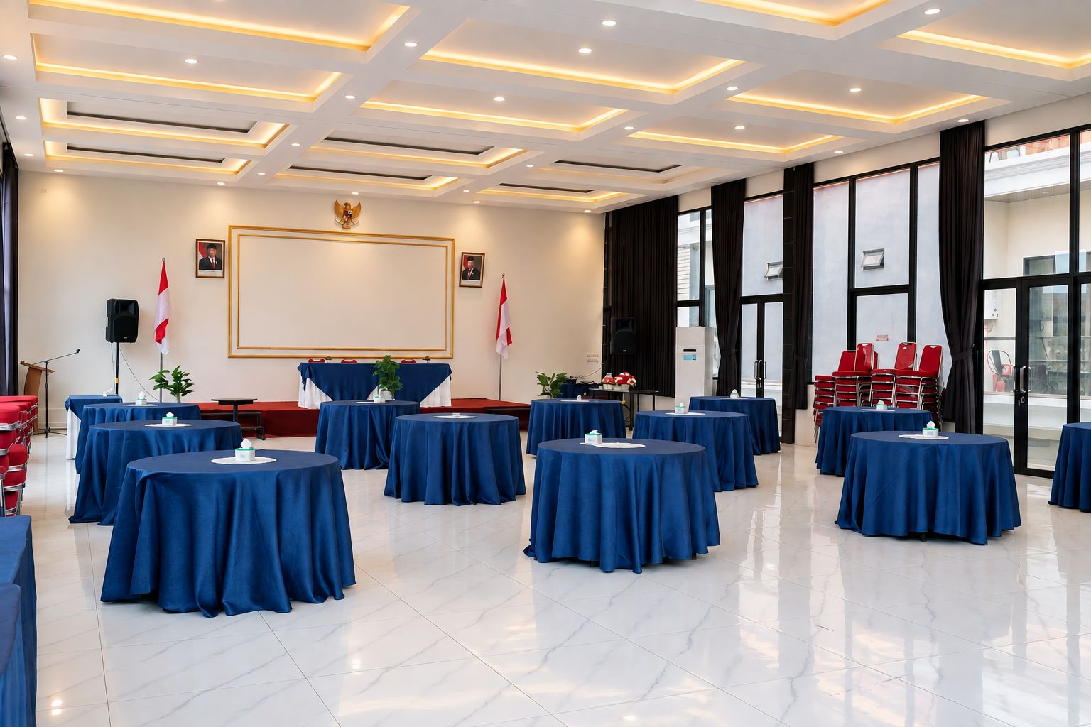 A conference room with round tables, a podium, and a large window.