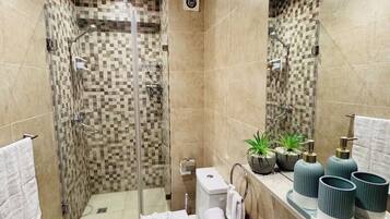 Hair dryer, towels, soap, toilet paper