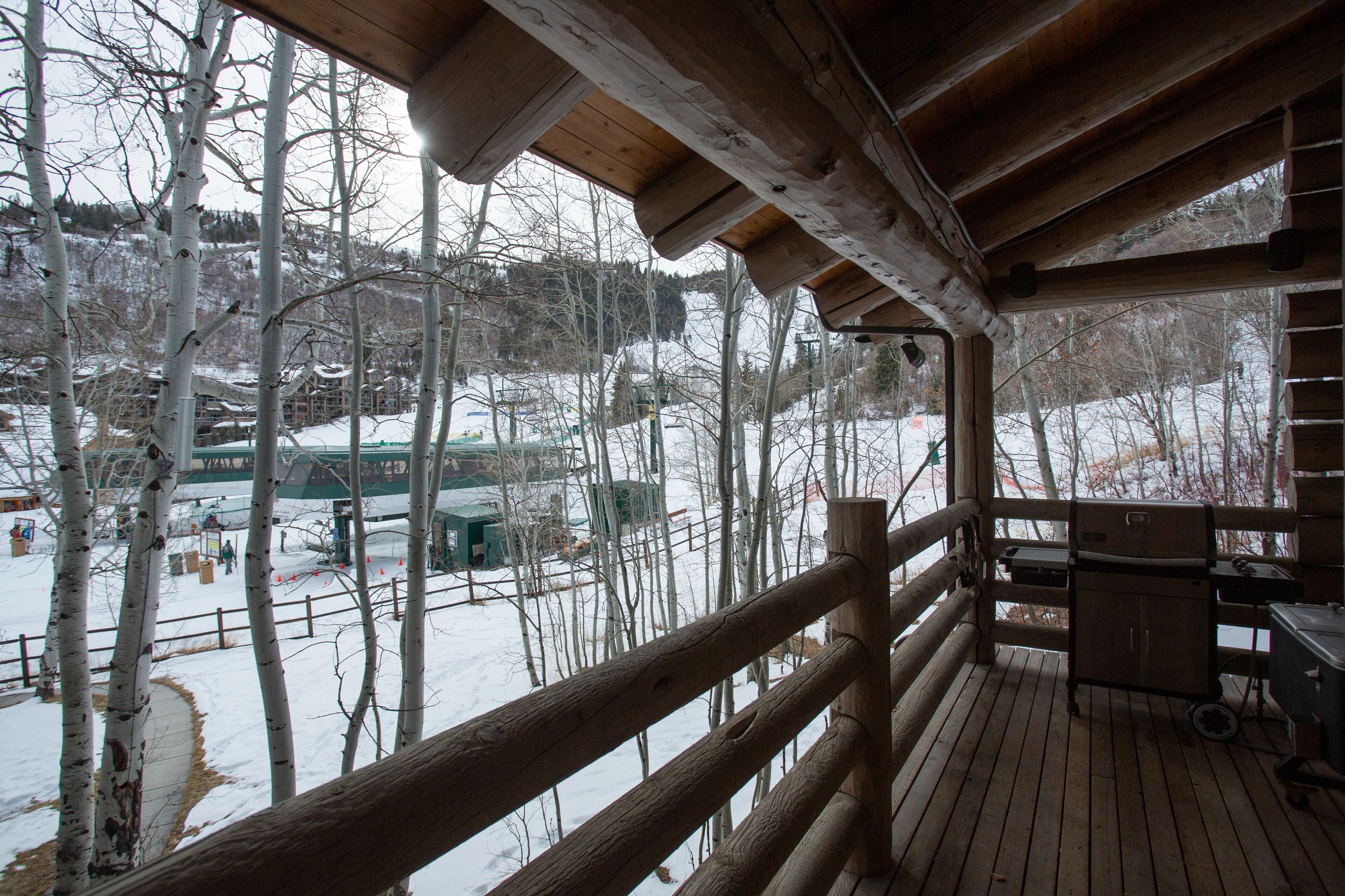 Un pontile in legno con vista su un paesaggio innevato e un edificio verde sullo sfondo.