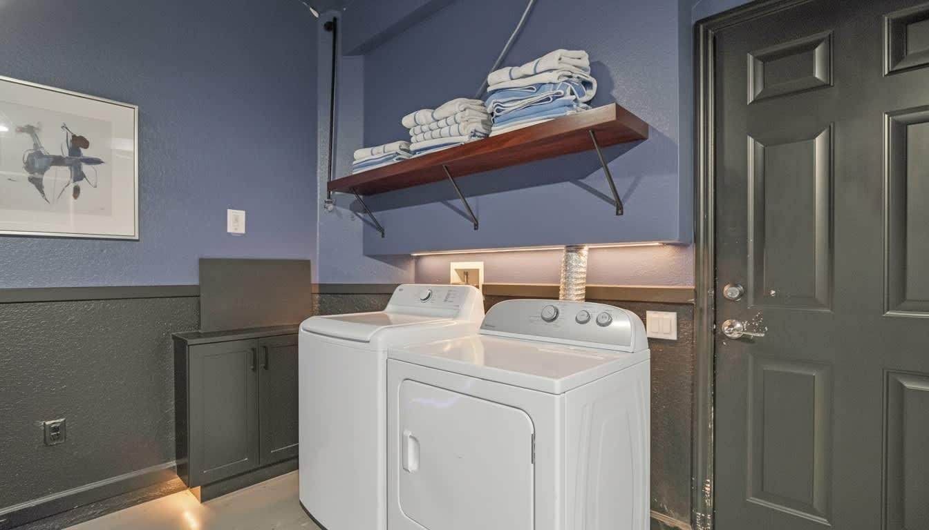 Een wasruimte met een wasmachine en droger, een plank met opgevouwen handdoeken, en een deur.