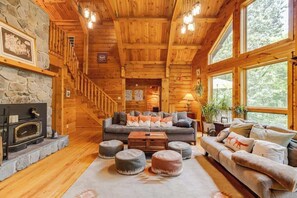 Televisión, chimenea, libros, oficina