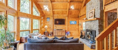 TV, fireplace, books, offices