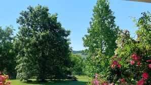 En overdækket terrasse med en pool, omgivet af frodig vegetation og blomstrende planter.