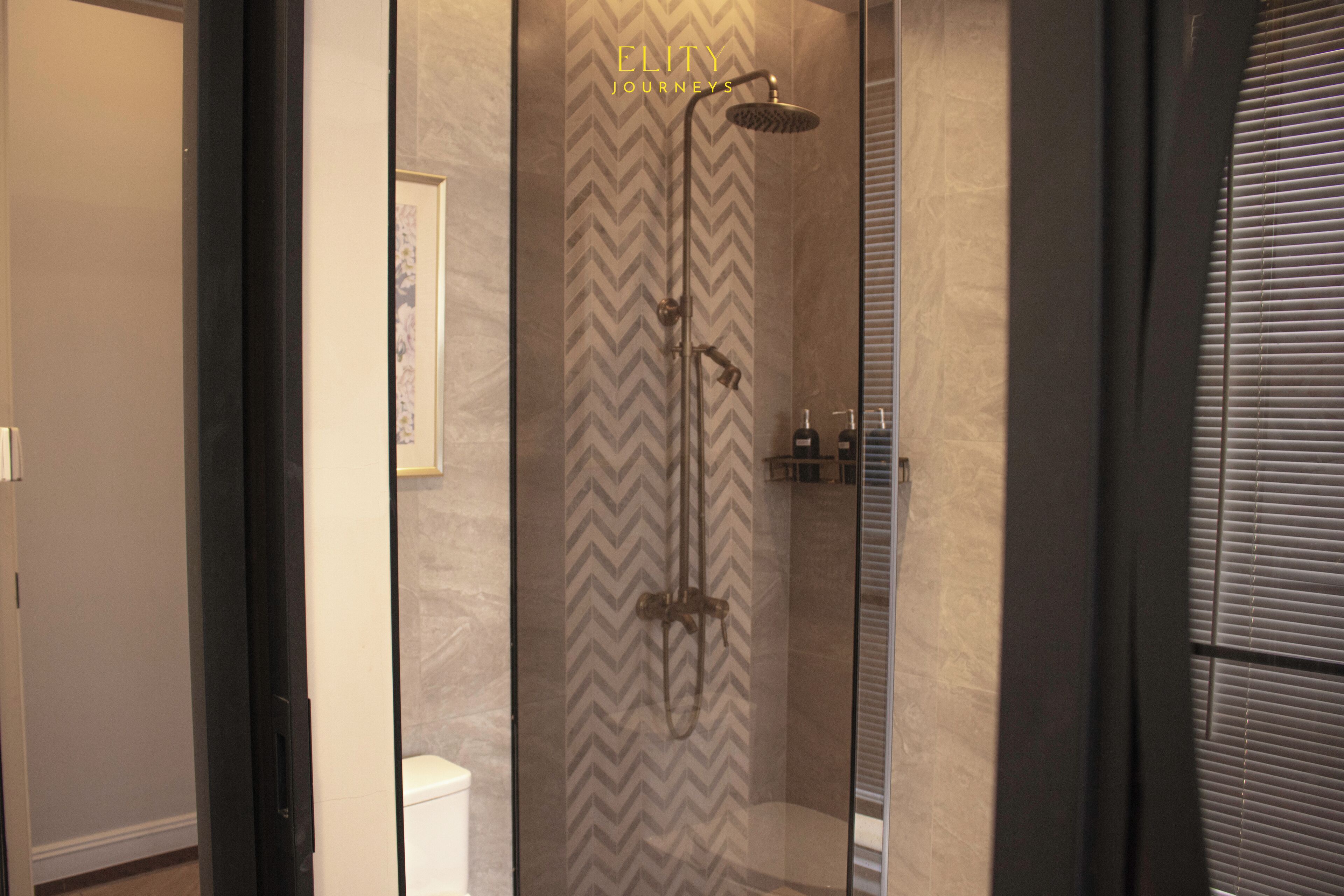 A modern bathroom with a shower, a toilet, and a mirror.