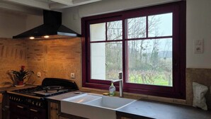 Una cocina con estufa a gas, un lavamanos, armarios de madera y un ventanal con vistas a árboles.
